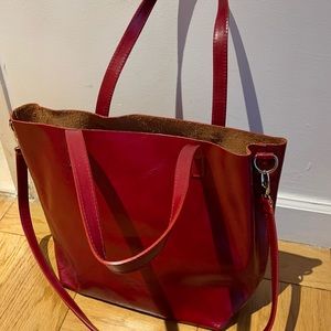 100% red leather tote